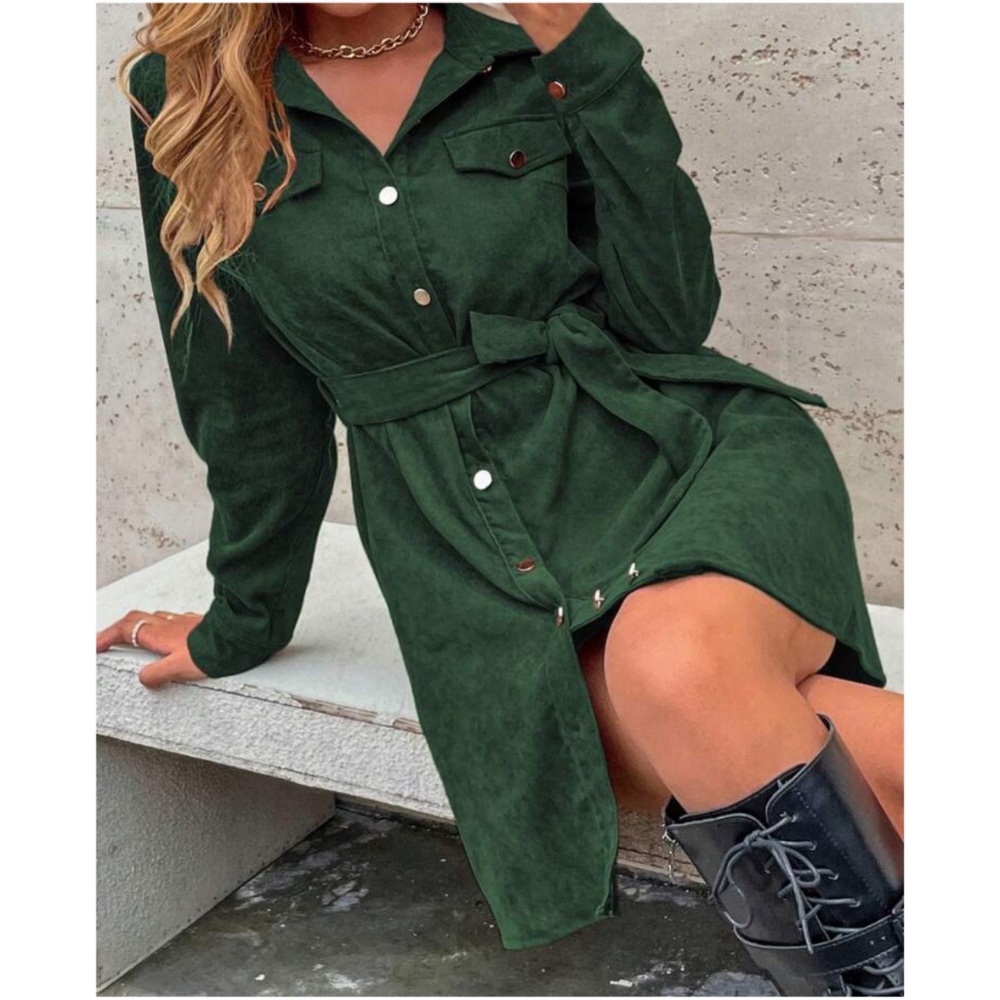 Corduroy dark Green Button Down Belted Long Sleeve Shirt Dress